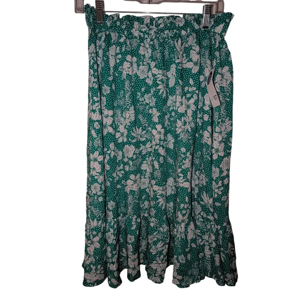 Mixit Womens Green Floral Polka Dot Smocked Paperbag Waist Ruffle Midi Skirt M‎
